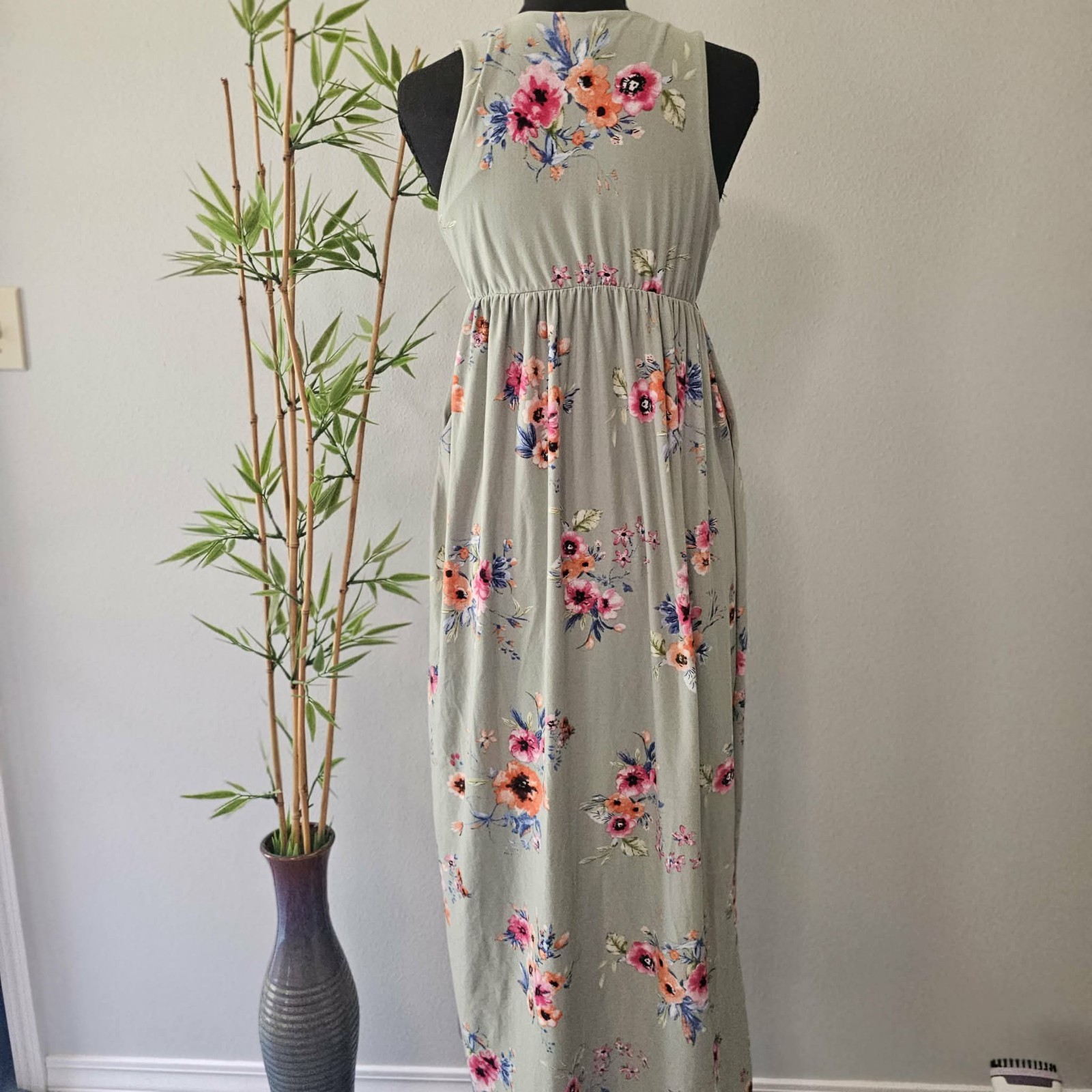 Green Floral Jersey Maxi Dress S Round Neck Sleeveless Elastic Waist Pockets