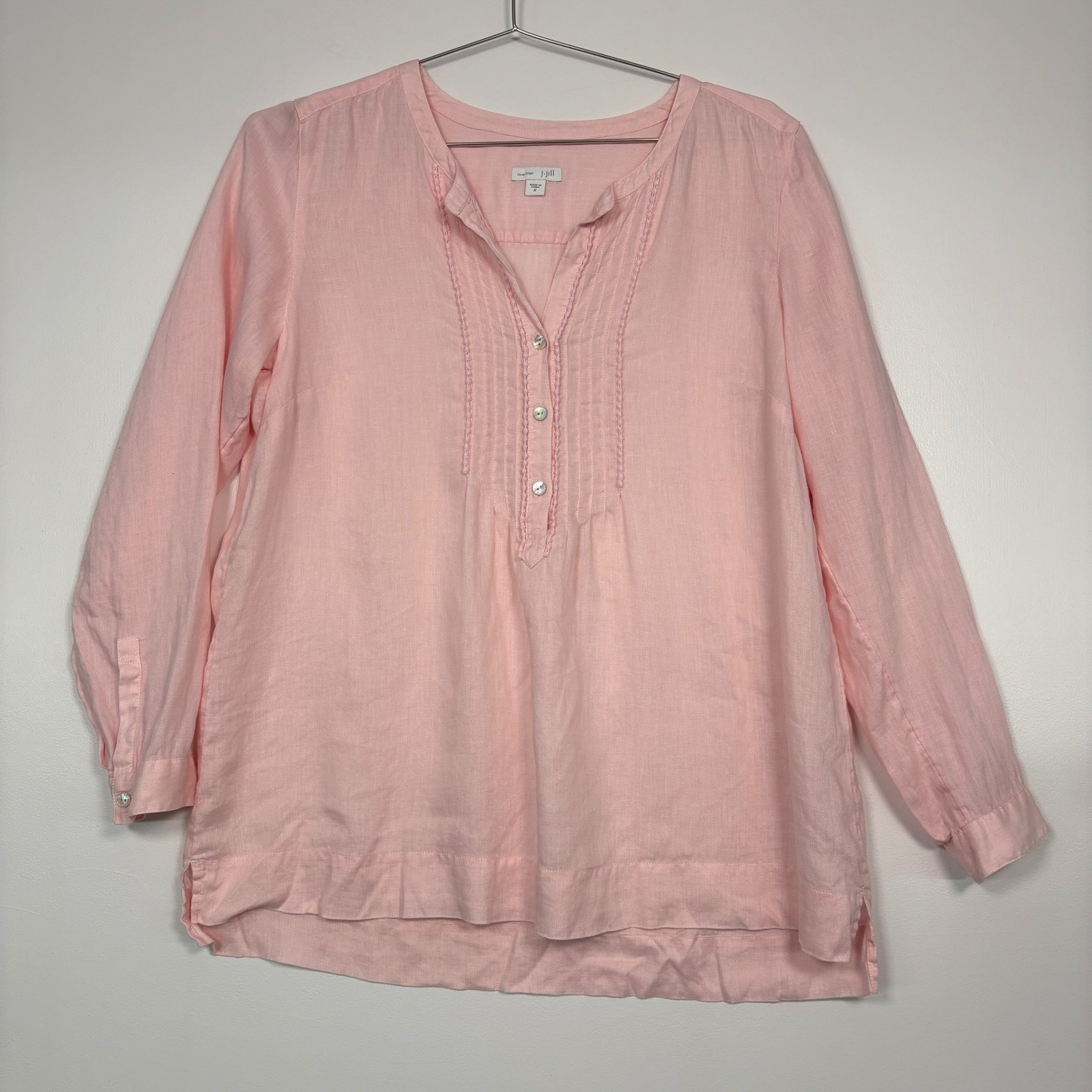 J. Jill Women Tunic Top Sz M Pink Love Linen Pintuck LongSleeve Blouse Feminine