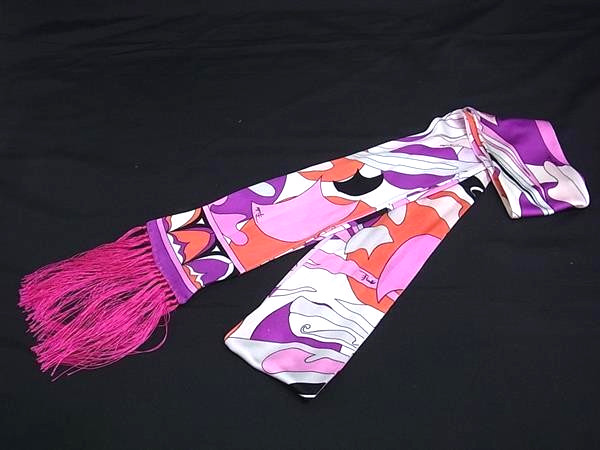 Emilio Pucci Silk Scarf Ribbon Purple Multicolor Geometric Narrow Fringe 182x9cm