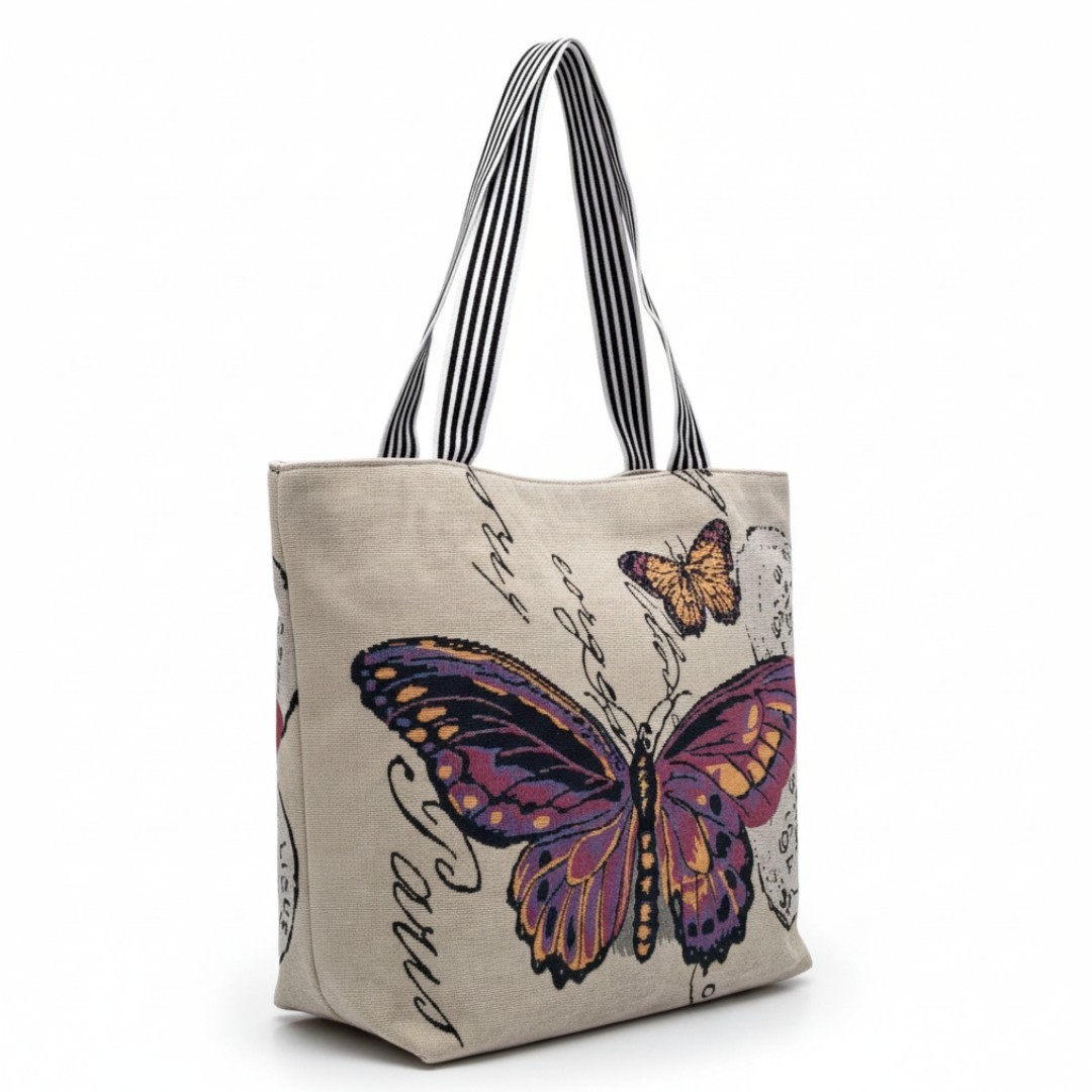 Butterfly Canvas Tote Bag Zippered Large Casual Shopping Shoulder Bag Beach Bag