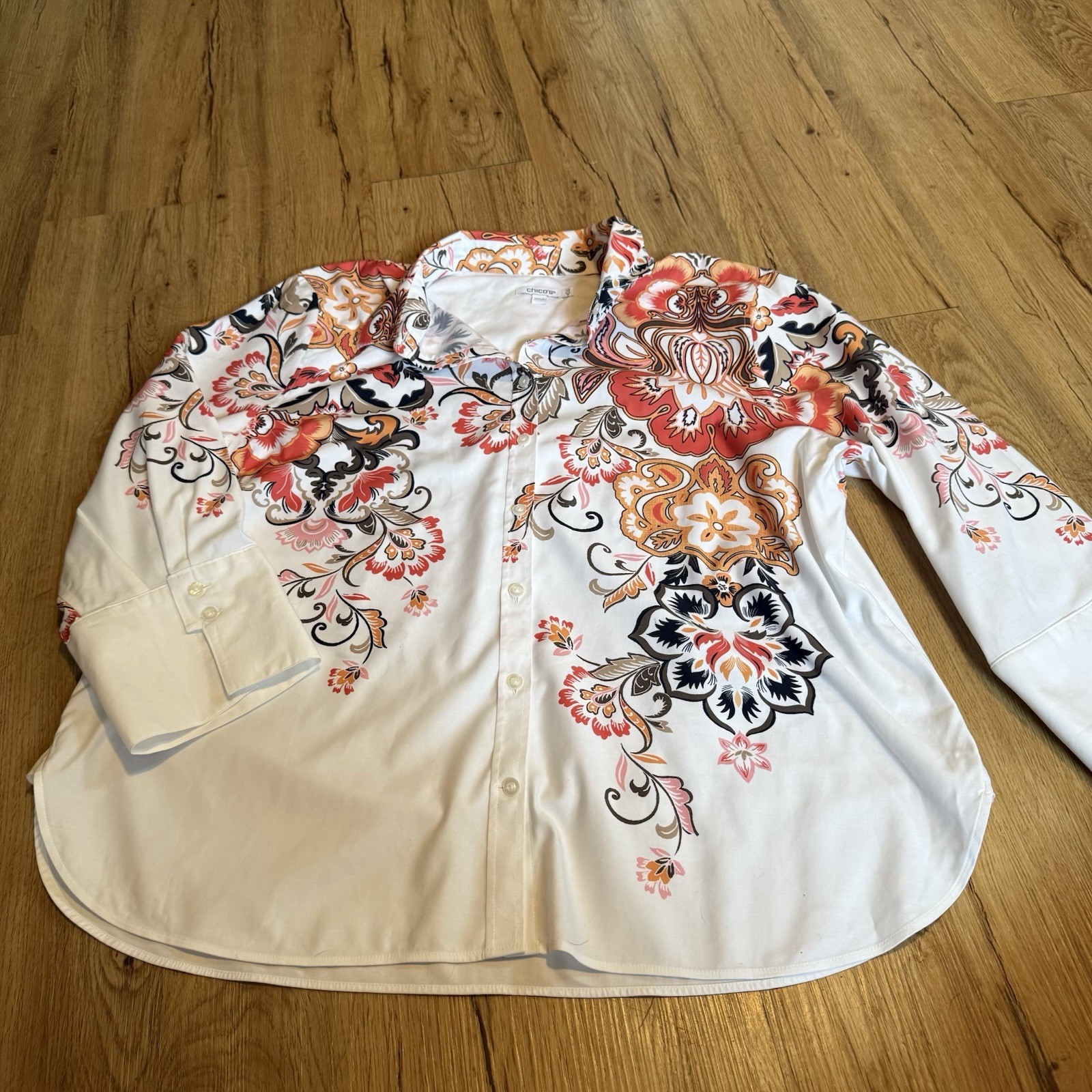 Chicos Women White Floral Print Button Down Tab Sleeve Size 3.5 18 Wester Trop