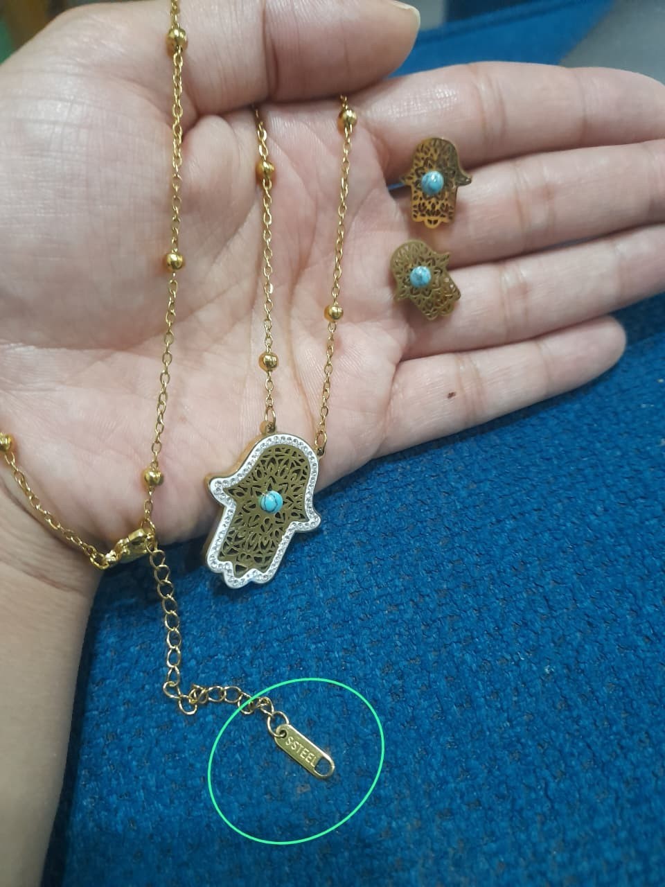 ​Evil Eye Hamsa Pendant Necklace Earrings Set Gold Plated Stainless Steel Women