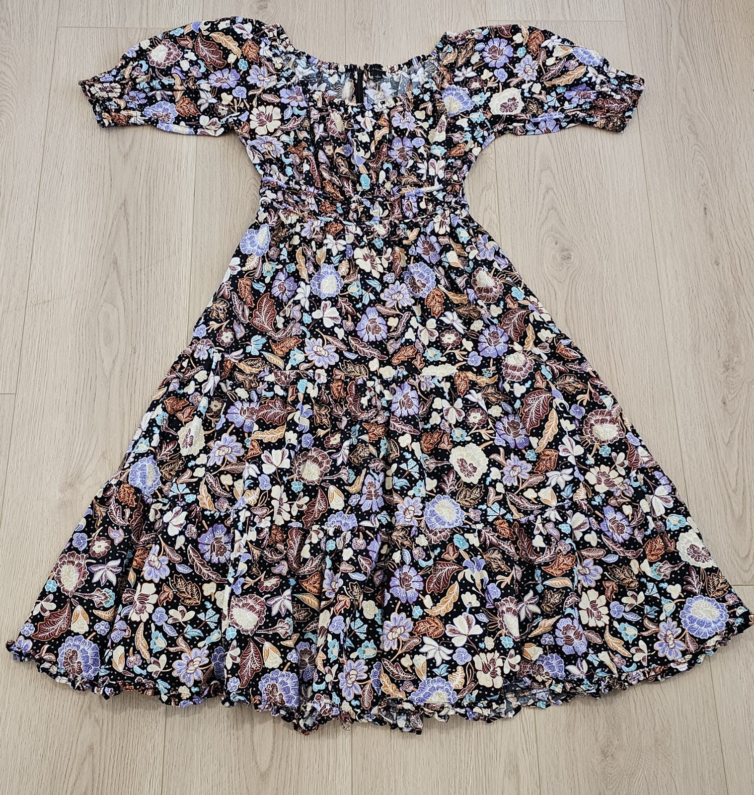 Ann Taylor Midi Peasant Dress Black Floral Tiered Skirt Ruffle Hem Size 2