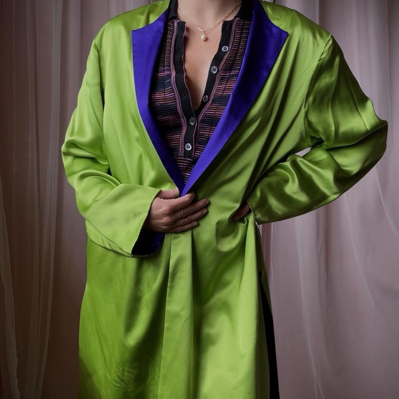 1960s Absinthe Green & Violet Silk Reversible Robe Coat