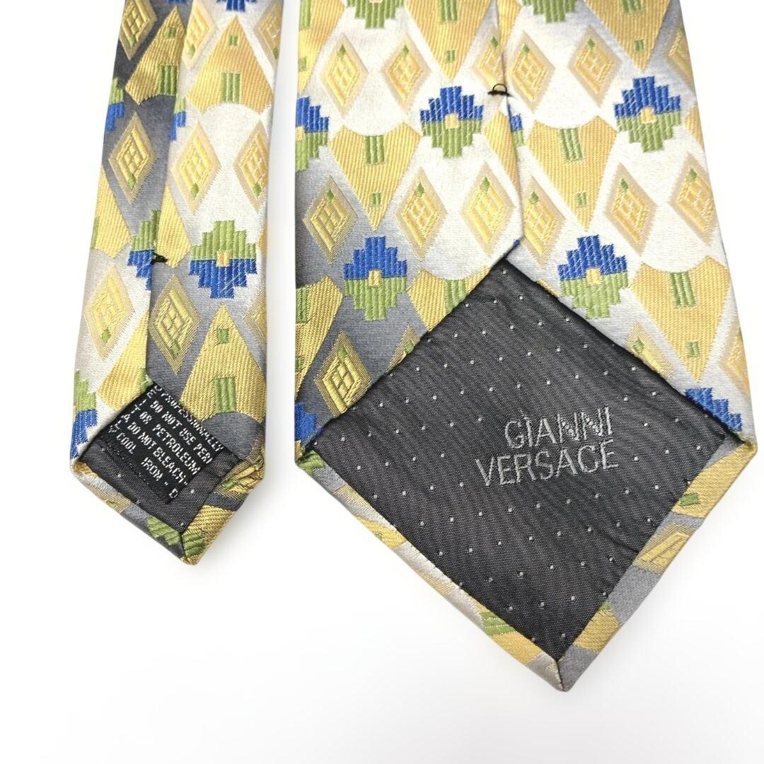 GIANNI VERSACE Tie Geometric Gray Black Yellow Green Blue Vintage Authentic