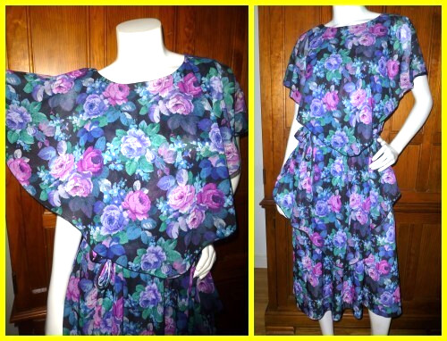 Vtg 80s Silky jersey English rose Print Cape boho Garden belted midi Dress L