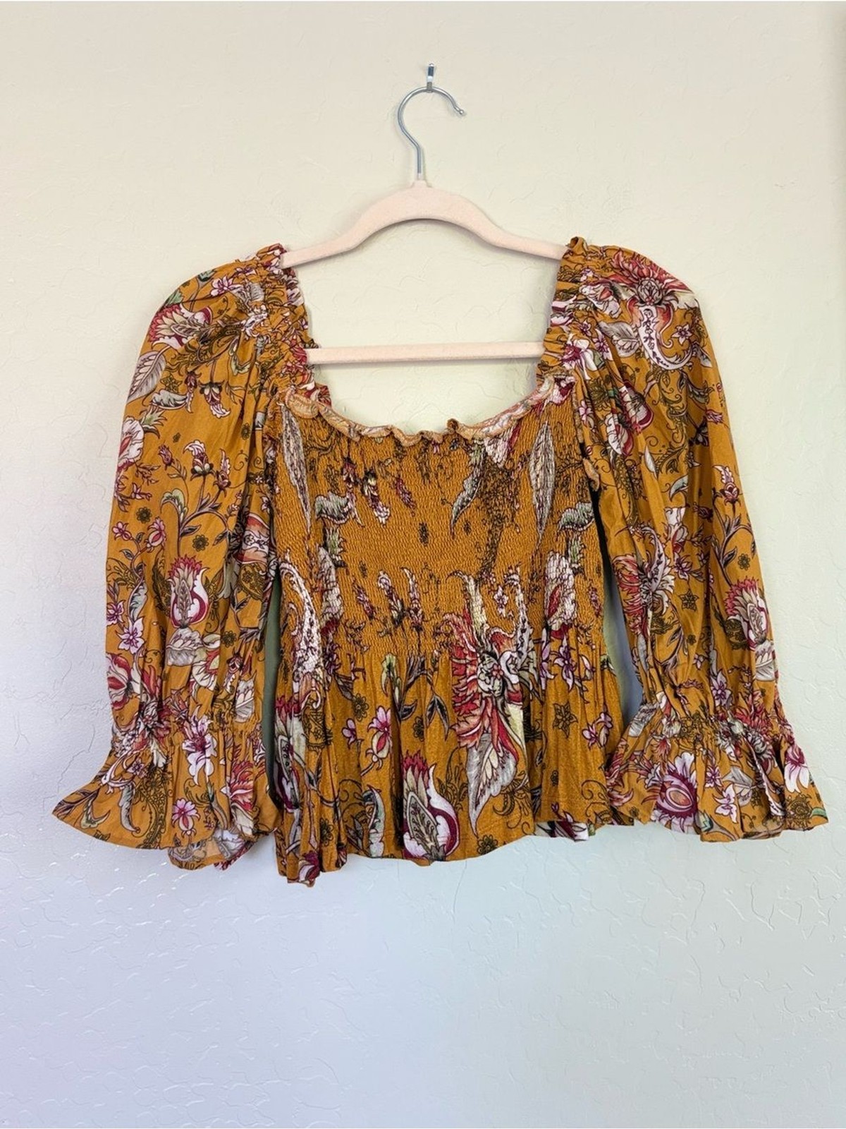 Anthropologie Conditions Apply Marigold Yellow Smocked Puff Sleeve Blouse Medium