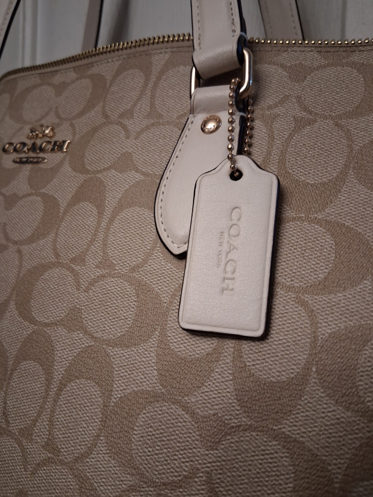 Coach CH504 Cream, Tan Canvas and Leather Signature Gallery Tote Bag Purse