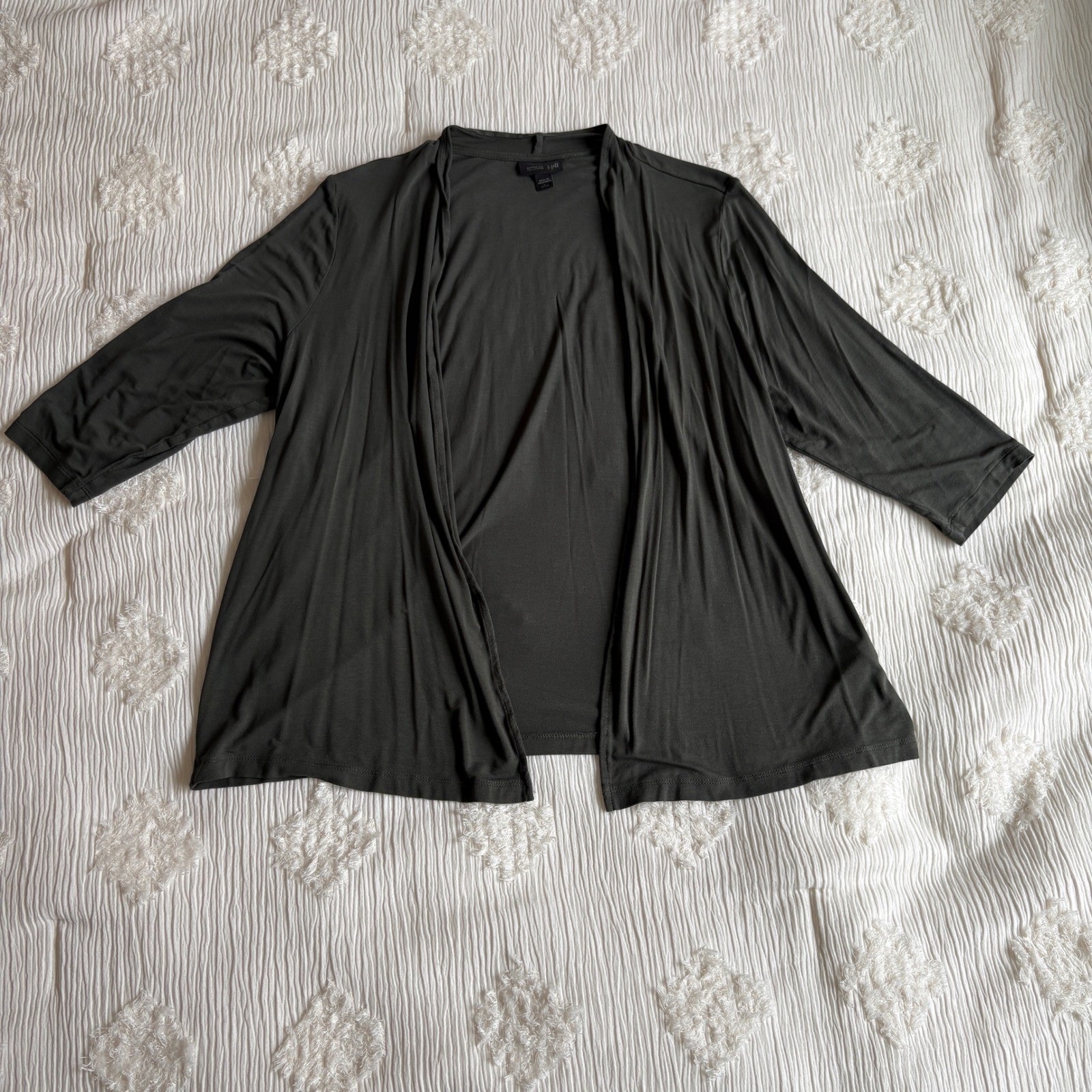 J. Jill Wearever Cardigan Womens Large Petite Olive Green Open Front 3/4 Sleeve