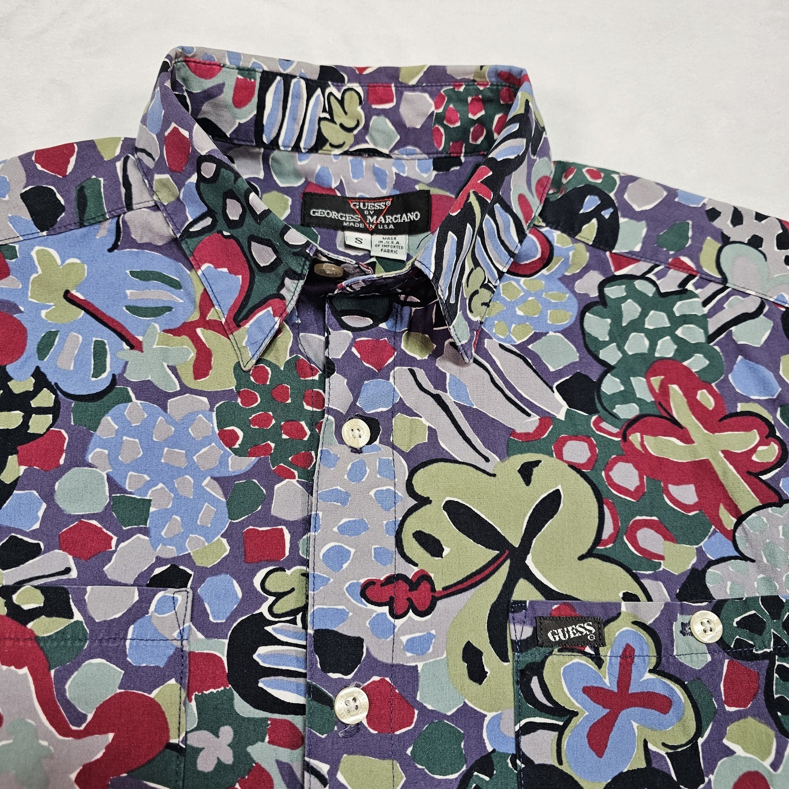 Vtg Guess Georges Marciano Shirt Mens S Abstract Floral Print USA Hawaiian Art