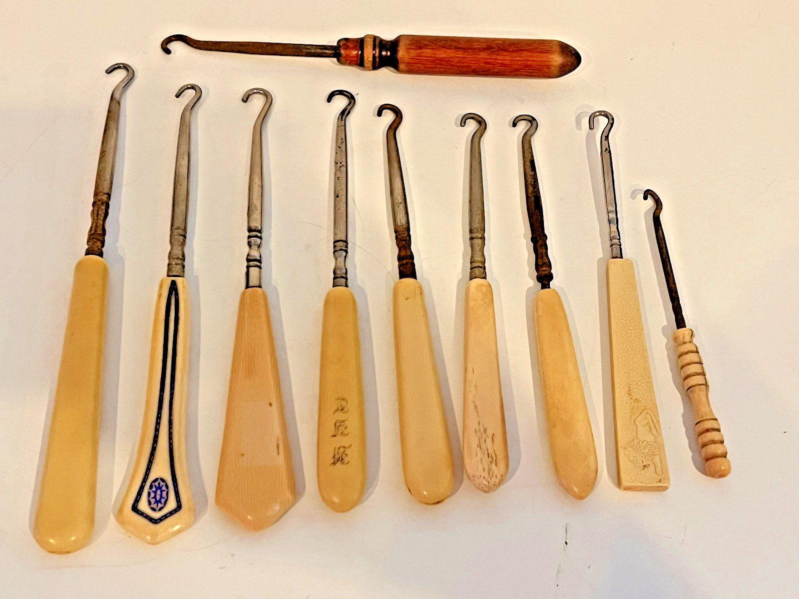 VTG Lot of 9 Button Hooks Victorian Shoe Boot Glove Fastener Celluloid & Metal