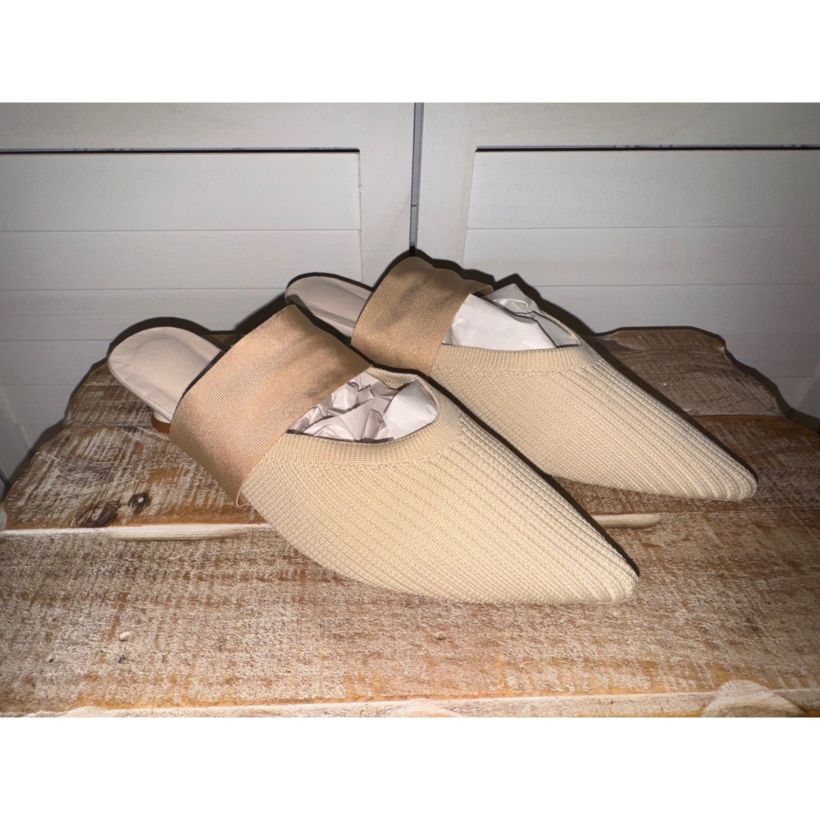 Womens Pointed Toe Knit Mules Heeled Slip On Slides Summer Beige Size 39 (8.5)