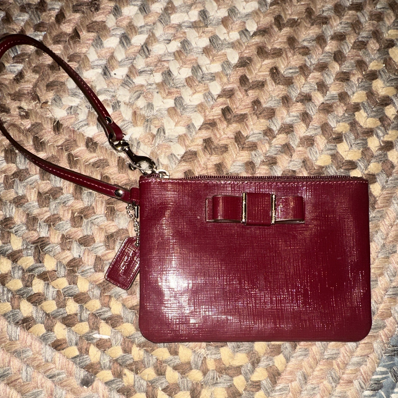 Coach Burgundy Solid Wristlet Pouch w/ Bow Accent, Zipper & Wrist Strap