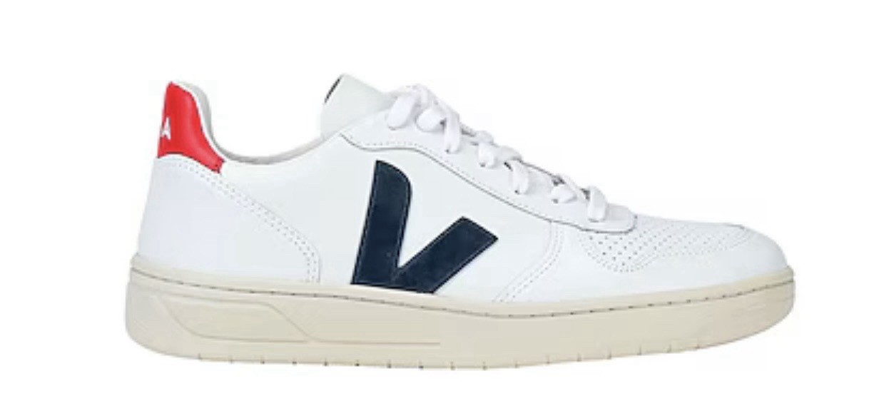 VEJA V 10 White Navy Red Logo Low Top Lace-Up Leather Sneakers Rubber Outsole