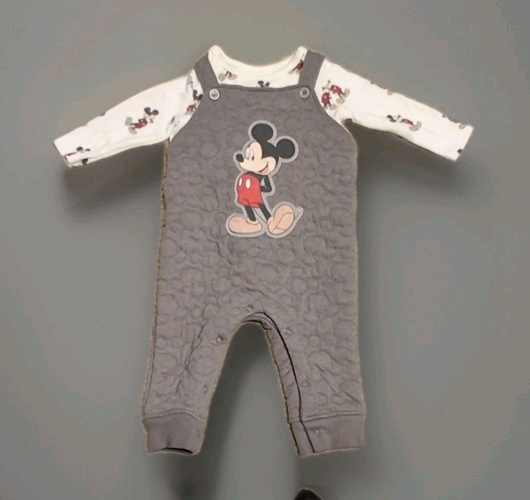 Disney Baby Mickey Mouse 12 M 2 Piece Gray Overalls & Long Sleeve Bodysuit Set