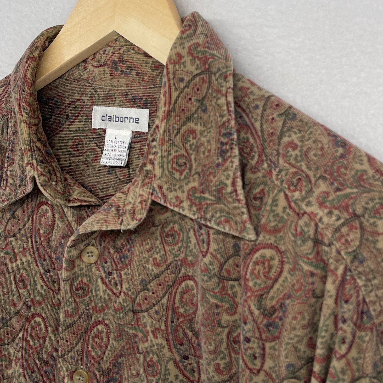 CLAIBORNE Shirt Mens L Corduroy Paisley Button Up Long Sleeve Cotton Brown Vtg
