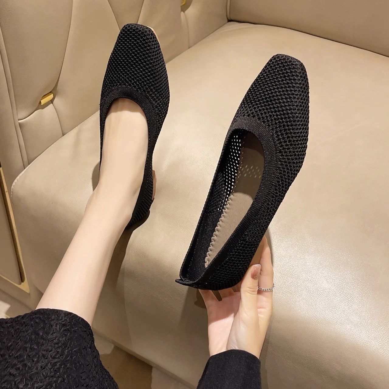 Women Breathable Mesh Flats Square Toe Slip On Soft Sole Casual Walking Shoes