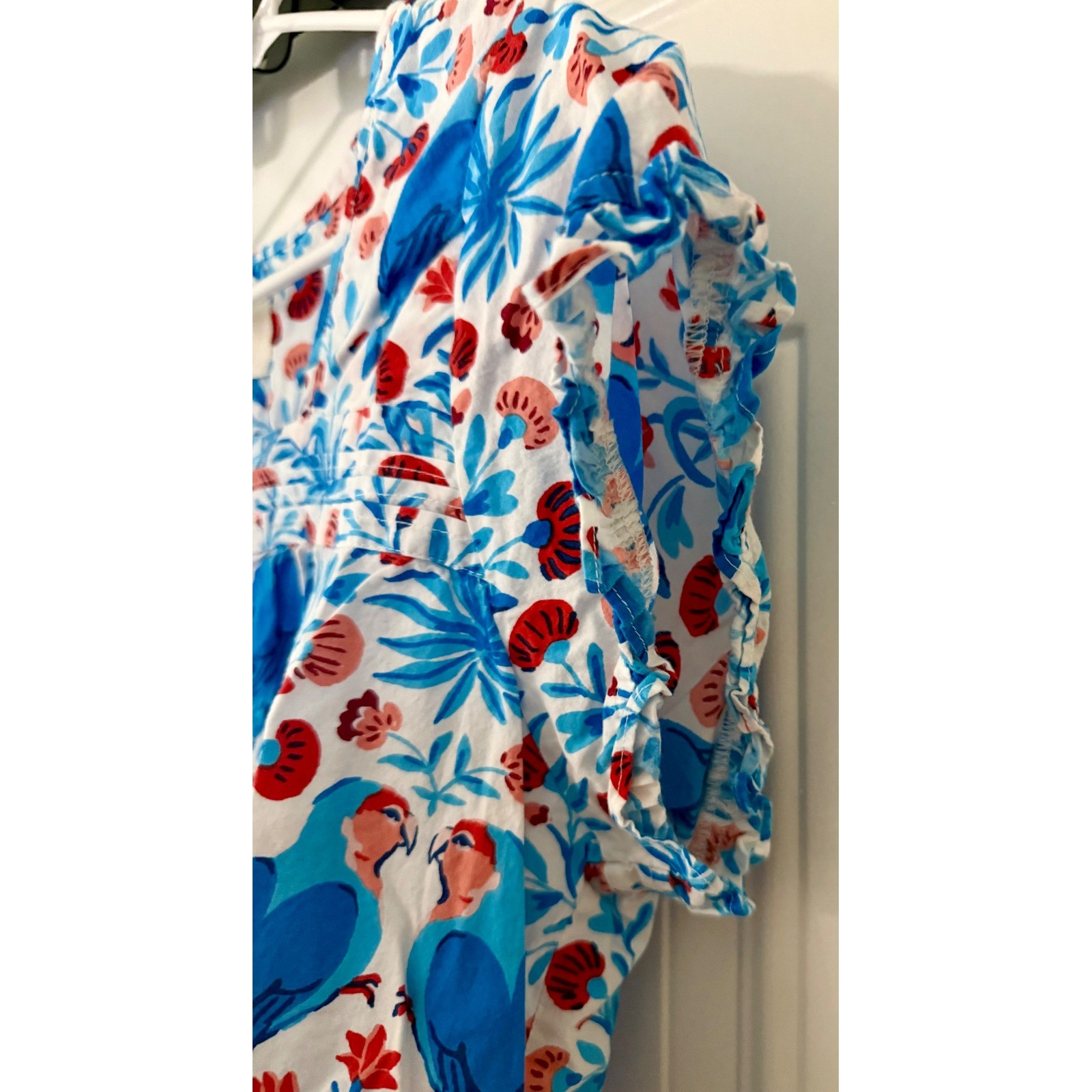 Printfresh Parrot Print Top Large Excellent Blue Tropical Floral Button Front