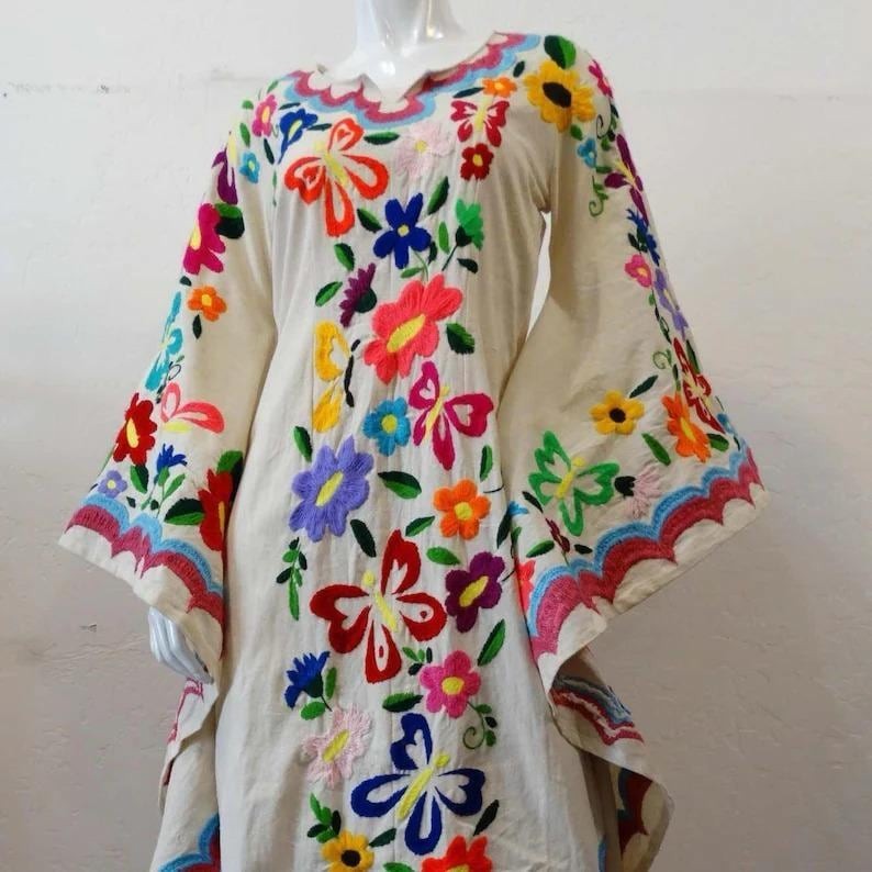 Embroidered Mexican Maxi Dress | Butterfly Sleeves, Latina Style, Maternity Frie