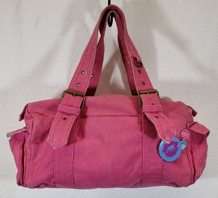 Fiorucci Canvas Handbag – Pink W/ Printed Lining + Original Zipper Pull And Pins