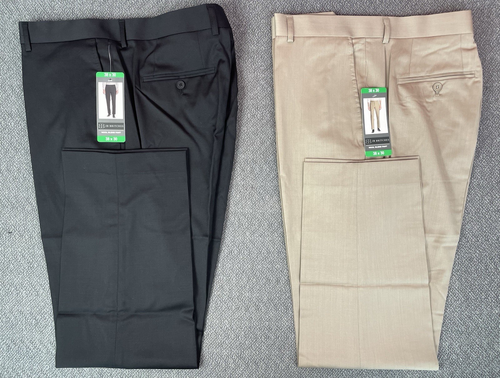 JB Britches Lot of 2 Men’s 52% Wool Blend Dress Pants Black & Tan 38×30 NWT
