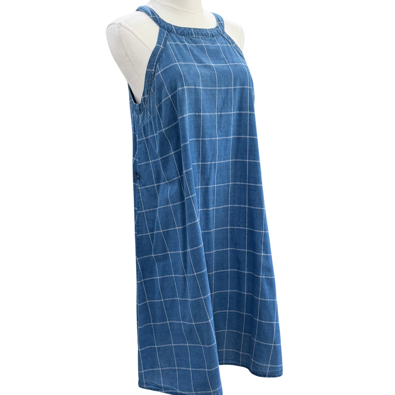 A New Day Chambray Windowpane Midi Dress Coastal Cottagecore Pockets Blue SZ M