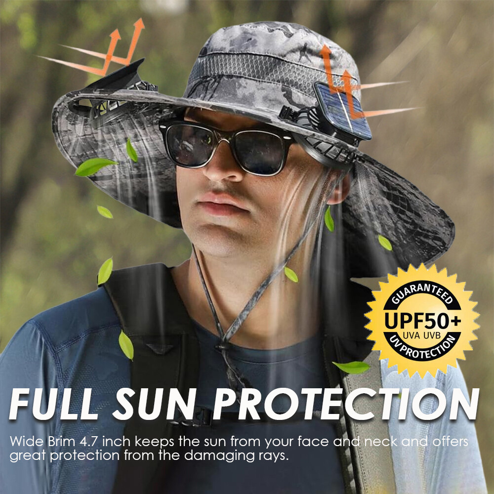 Wide Brim Sun Hat with Solar & USB Powered Fan UV Protection for Camping Fishing