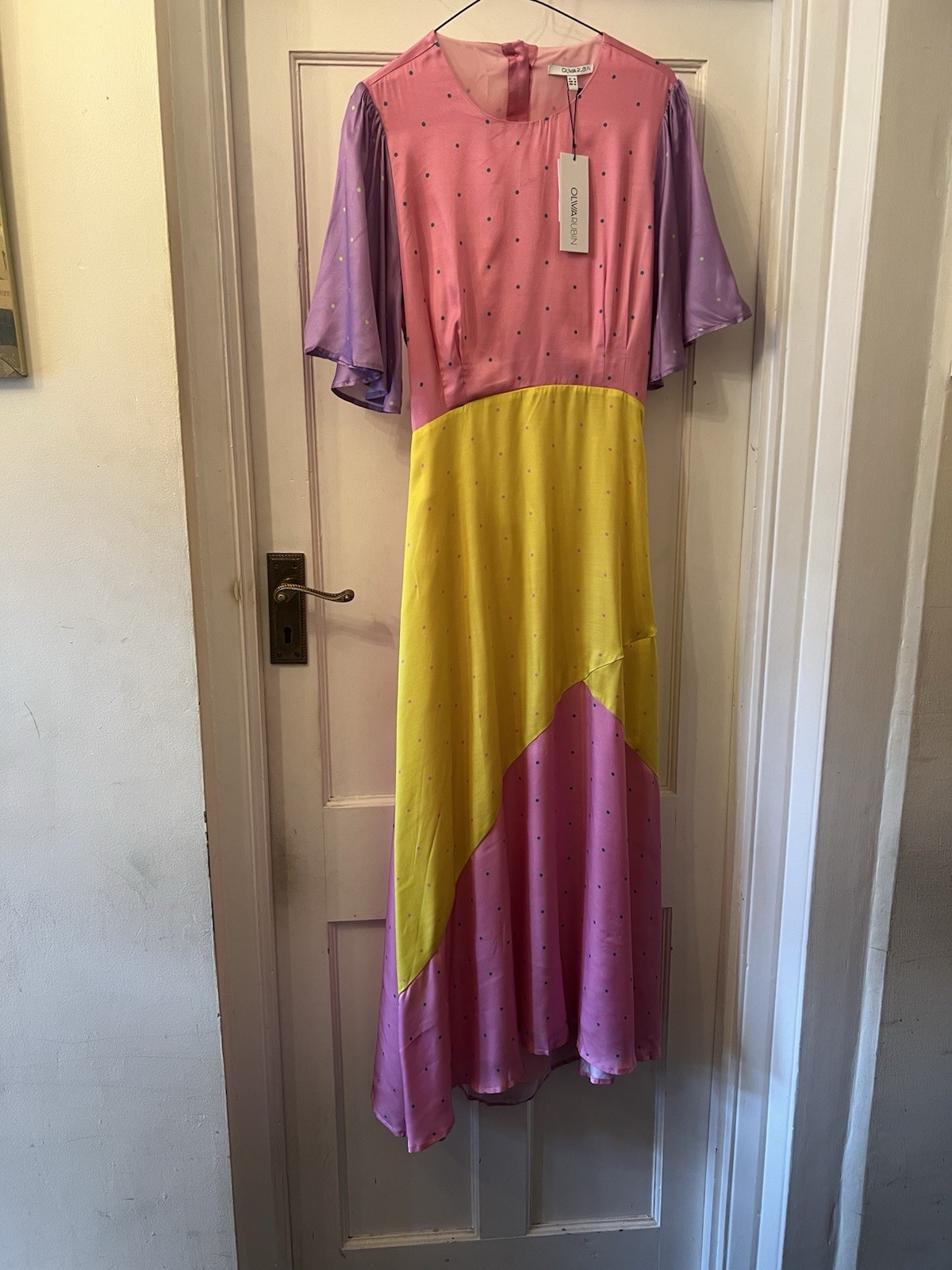 New Olivia Rubin Fleur Polka Dot Silk Mix Satin Print Midi Dress,UK 14