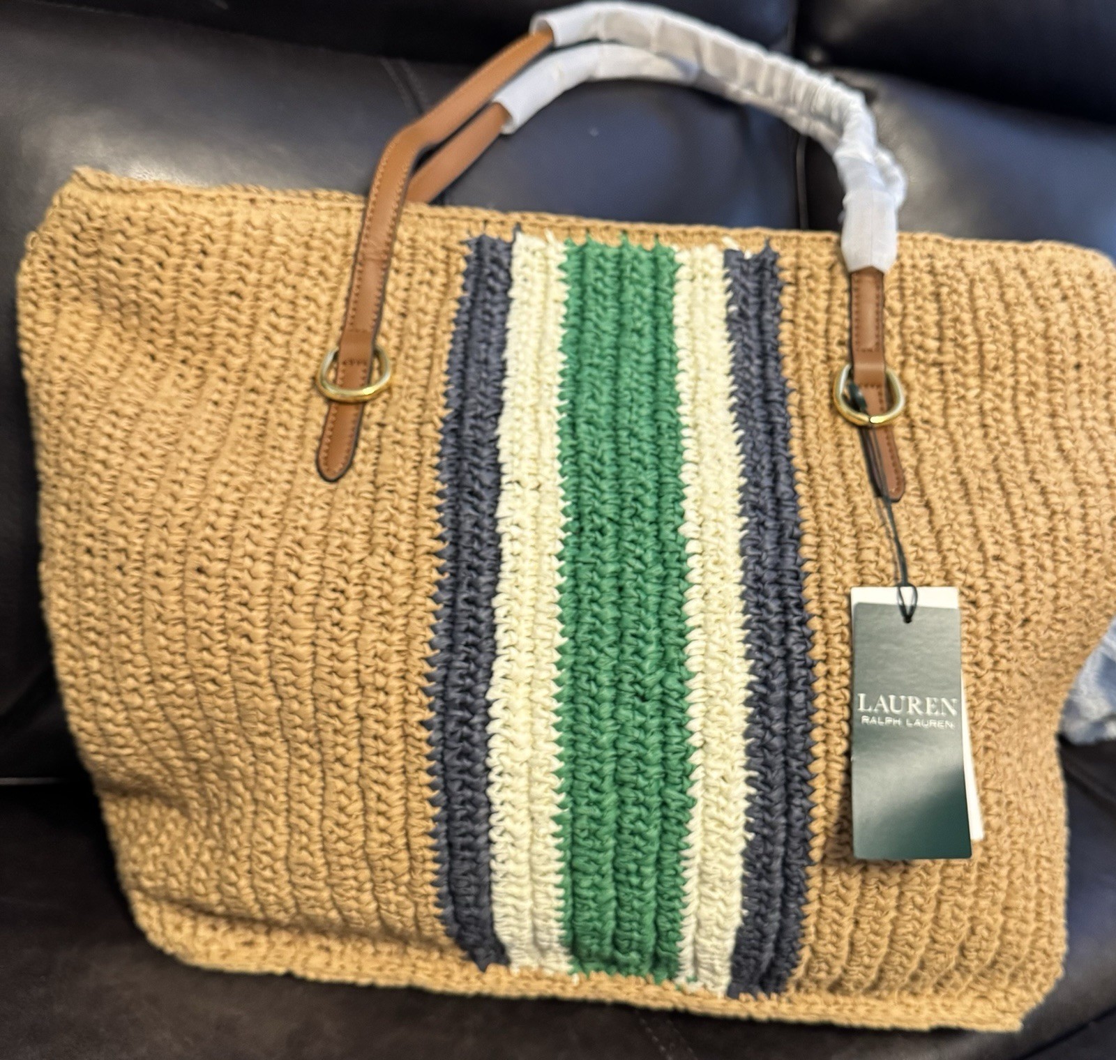 Lauren Ralph Lauren Large Striped Tote Tan/Green/White/Navy Brown Strap Lined