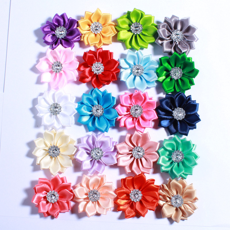 120PCS 4CM Multilayer Mini Satin Silk Ribbon Flower With Acrylic Button
