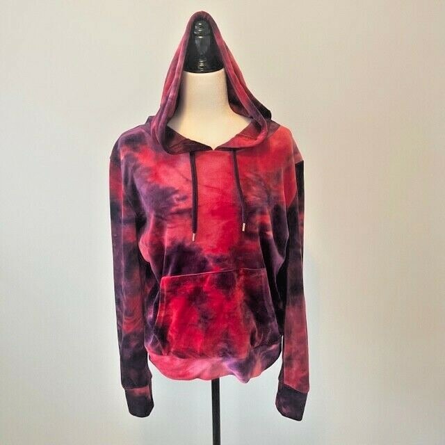 Revamped Velour Hoodie Womens Large Red Purple Pink Super Soft Stretch Tie Dye