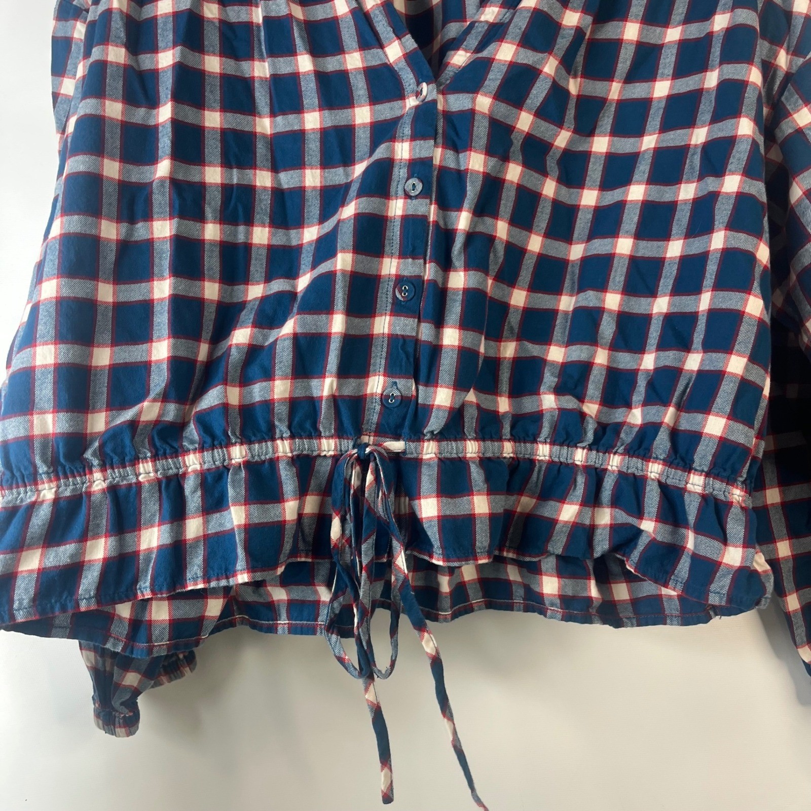 LOFT Blouse Womens XL Blue Red Plaid Peplum Drawstring Waist V-Neck Top
