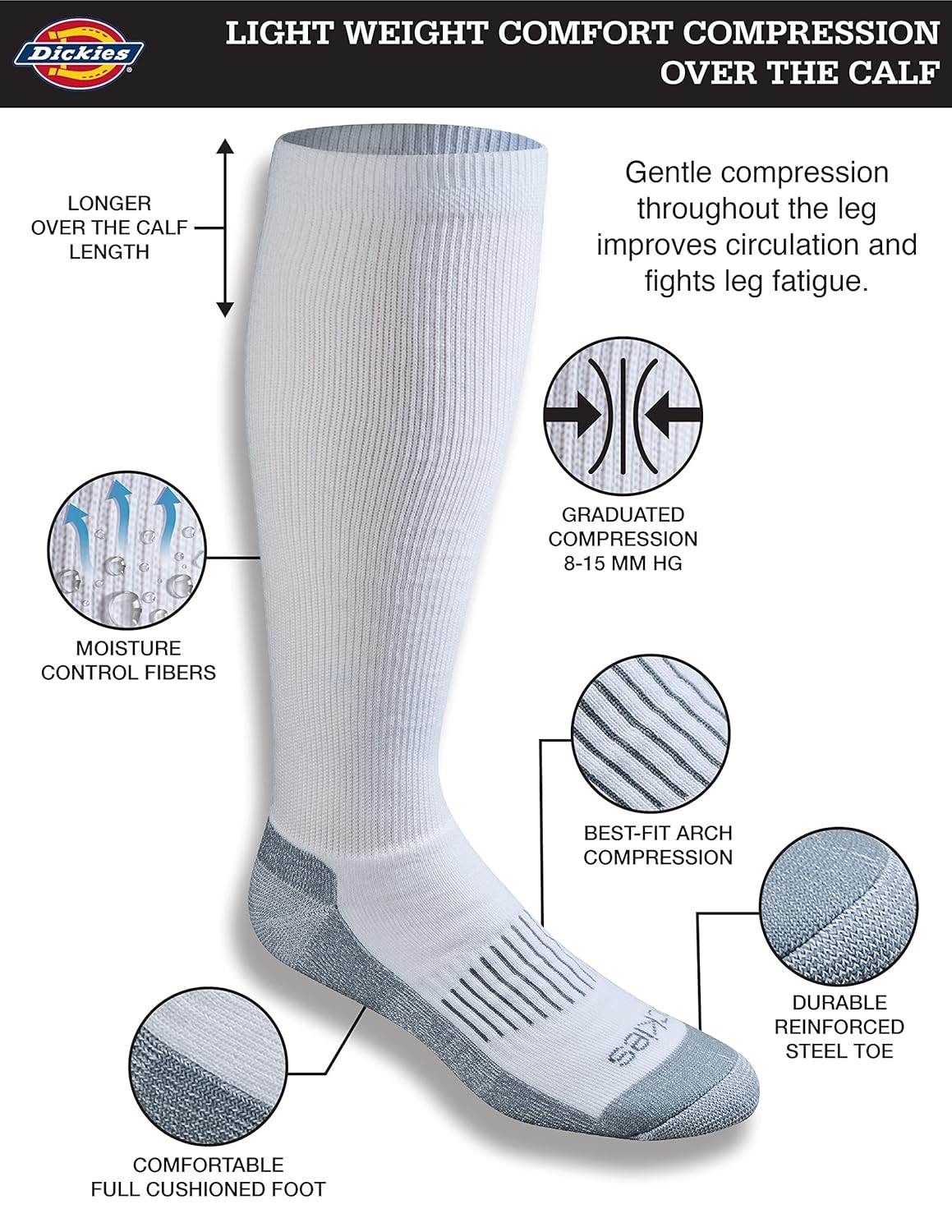 Dickies Men’s Light Compression Over The Calf Socks M-XXL Work Socks
