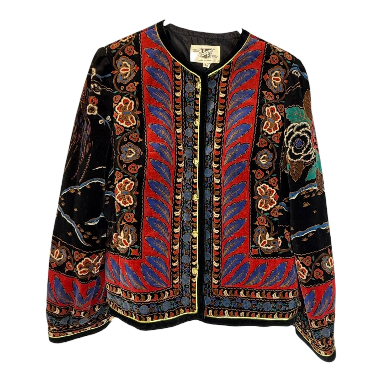 Vintage 80s Saxton Hall Velvet Quilted Boho Oriental Floral Jacket Made in Japan