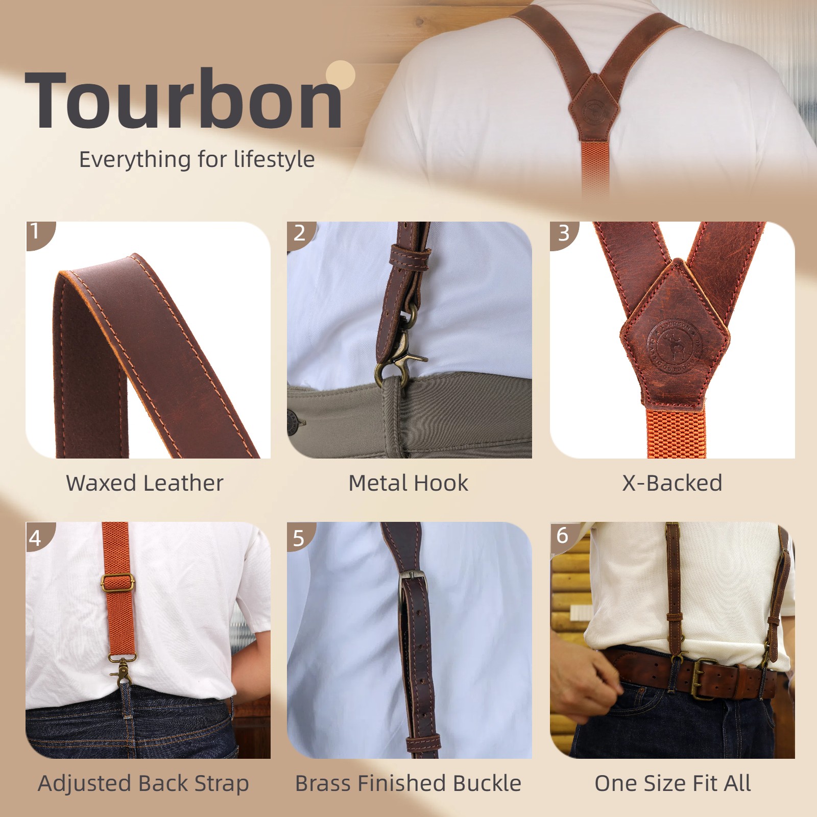 Tourbon Men’s Suspenders Y Back Adjustable Leather Y-Shaped 3 Hooks Pants Braces