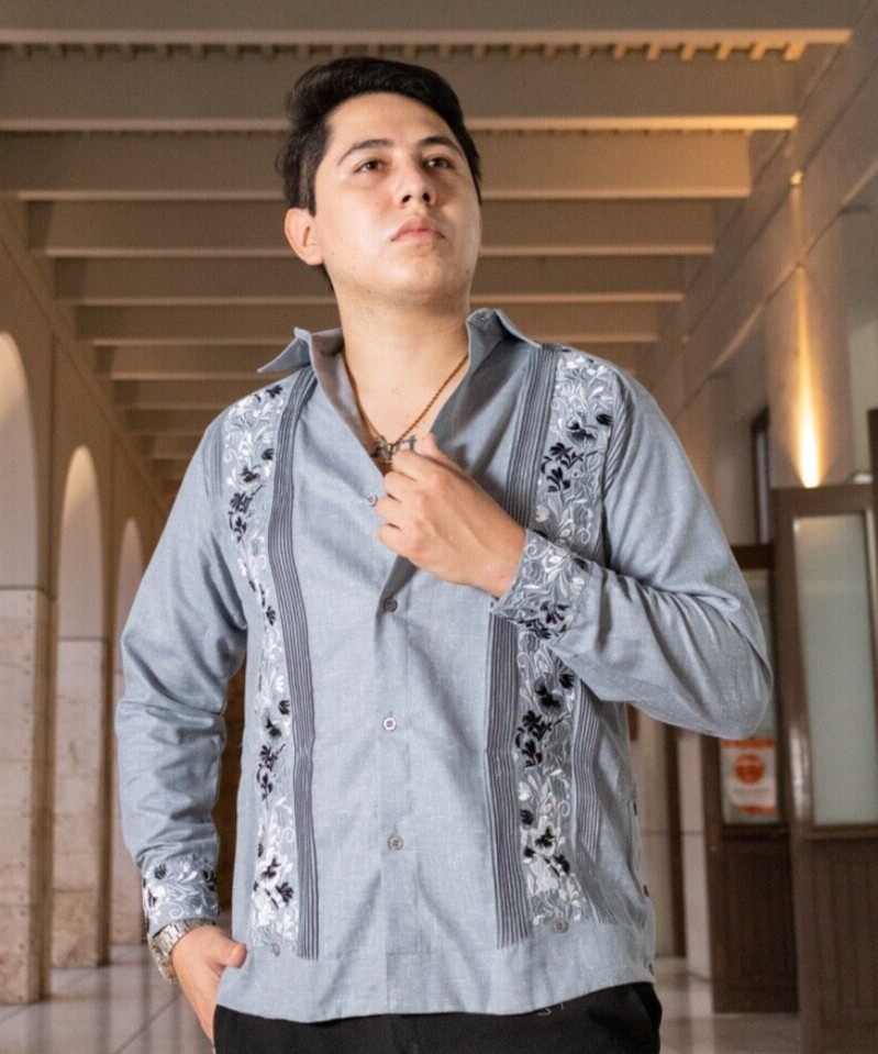 Mexican Wedding Guayabera Gray Fabric Long Sleeve Gray Silver Black Embroidery