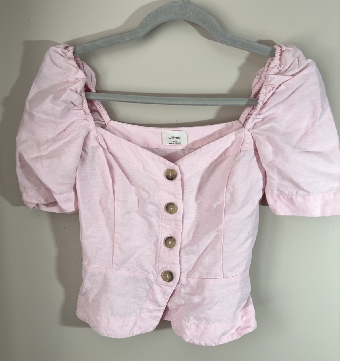 Wilfred Puff Sleeve Top Baby Pink Button Front Cottagecore Coquette Linen XXS