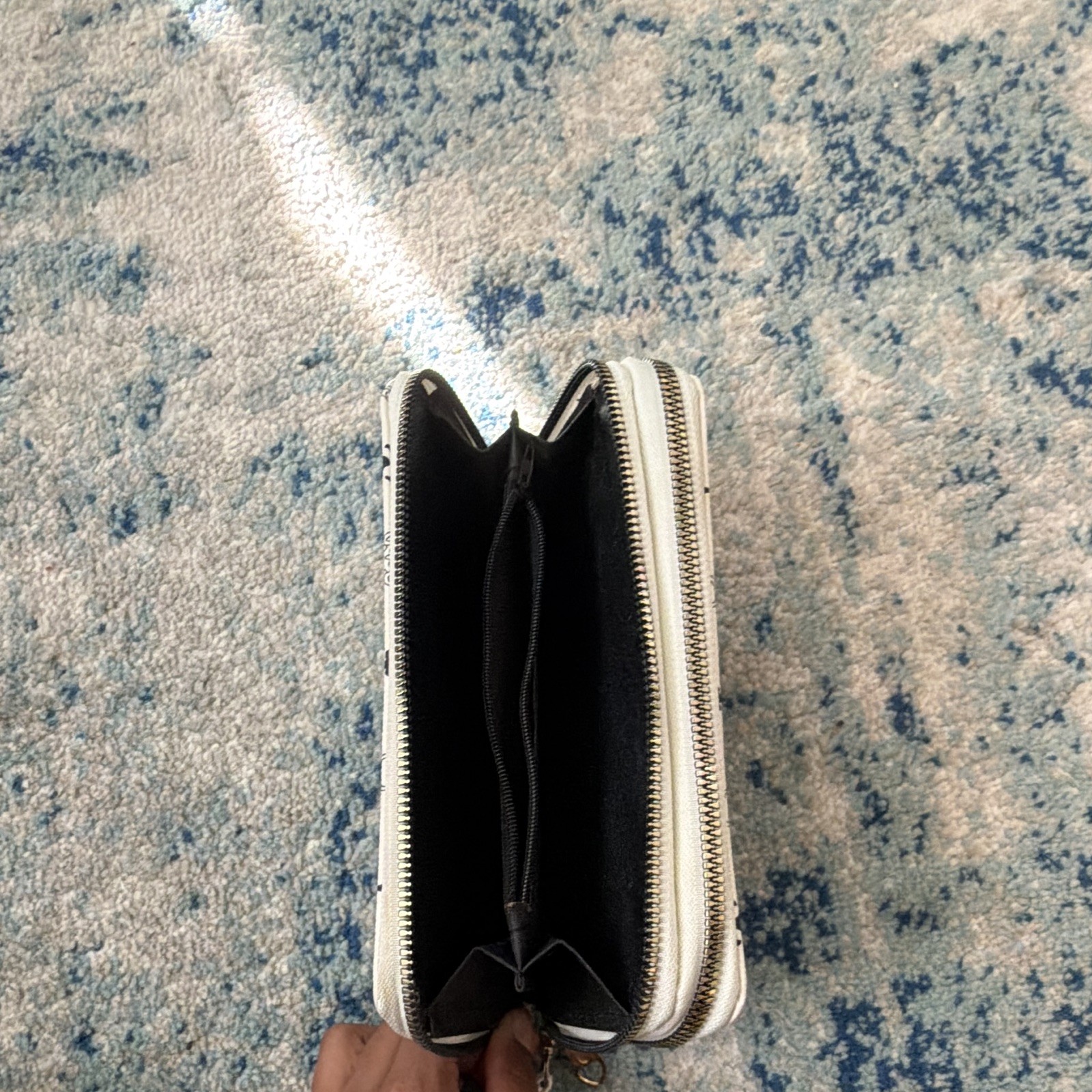 White & Black Floral Zip-Around Wristlet Wallet with Wrist Strap for Women
