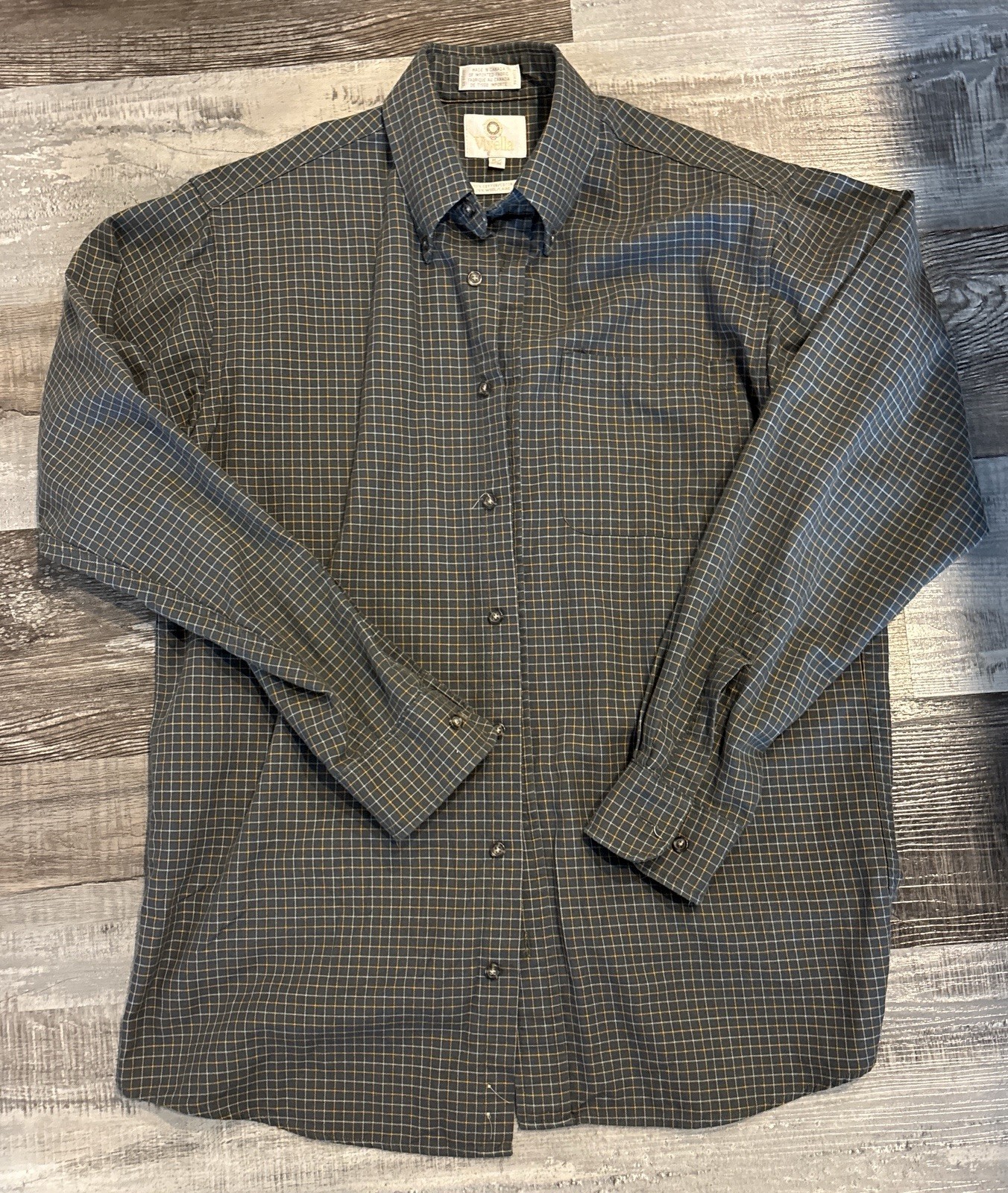 Viyella Button-Down Flannel Shirt Cotton Wool Blend Beige & Navy Plaid Men’s M