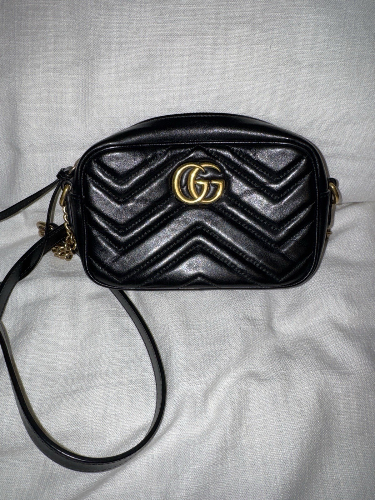 Gucci GG Marmont Small Black Chevron Quilted Crossbody Bag Gold Hardware