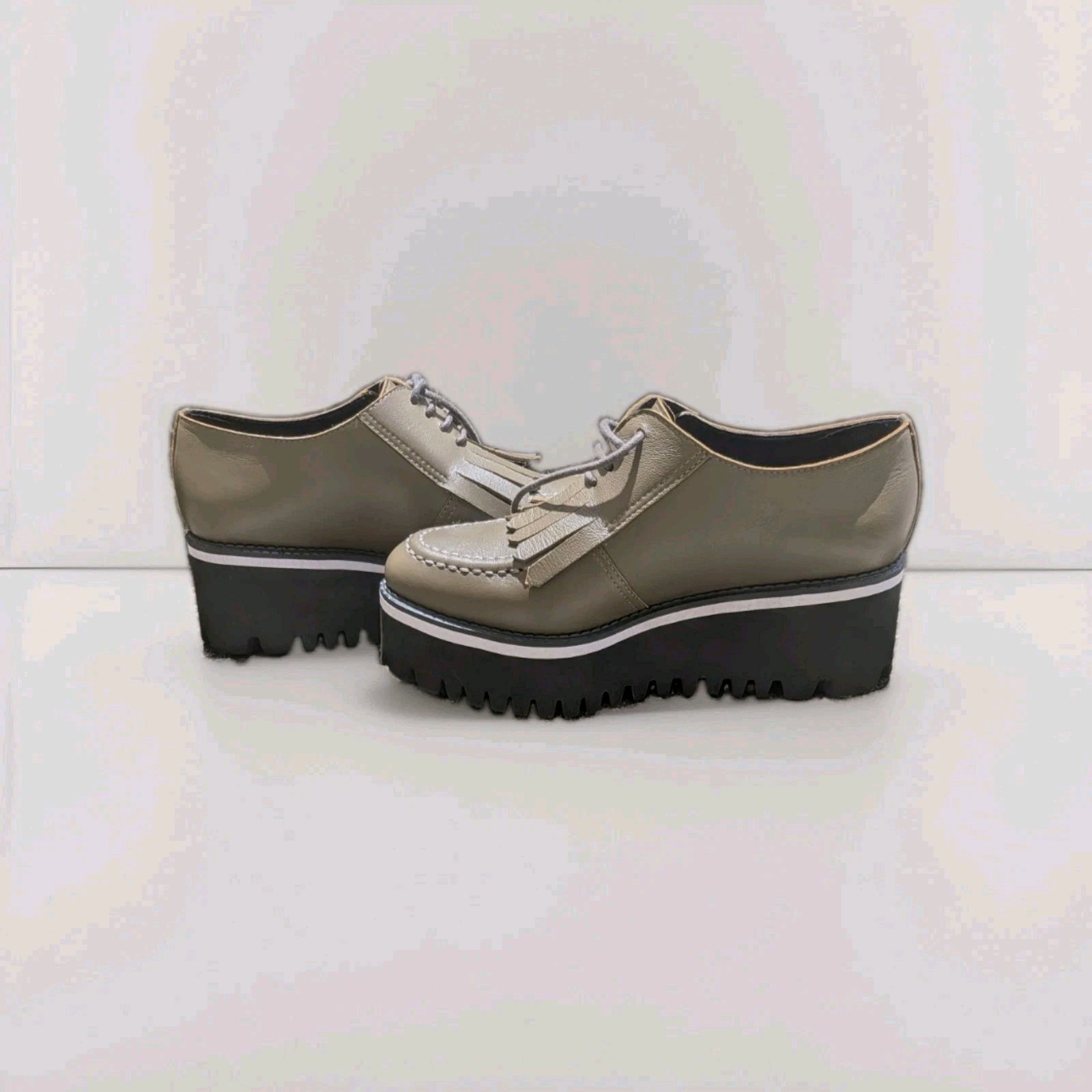 ALL BLACK Kiltie Platform Leather Oxfords Olive / Khaki Green Size 8.5 NWOB