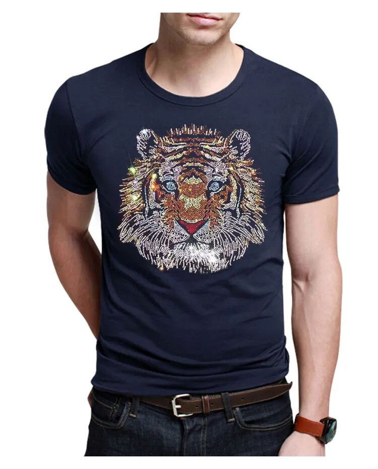 New Fashion Tiger Rhinestones Summer Short Sleeve Luxury Men Designer T-Shirt