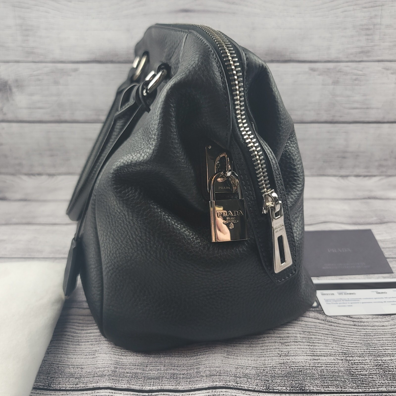 Prada Vitello Daino Black Leather Satchel Bag BR5128 Nero Silver Hardware