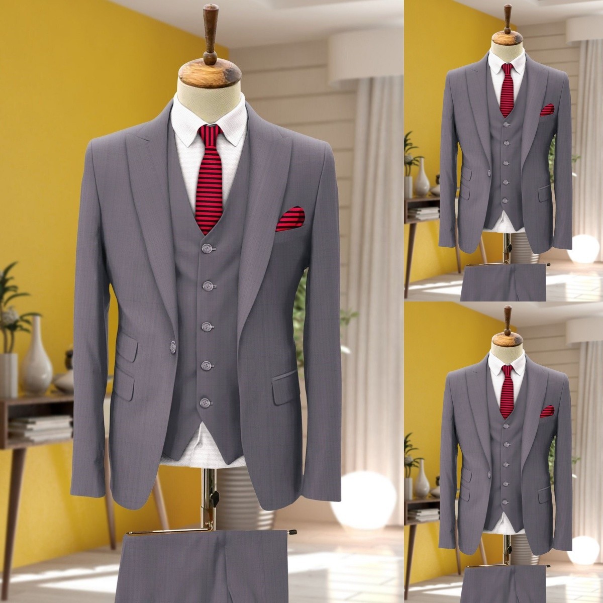 Gray 3PCS Mens Suits Peak Lapel Slim Fit Jacket Coat Business Formal Coat Blazer
