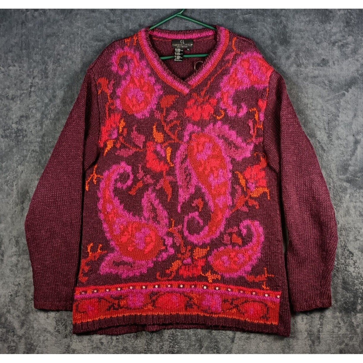 Carole Little Sweater Women XL Burgundy Pink Paisley V Neck Artsy Boho Knit