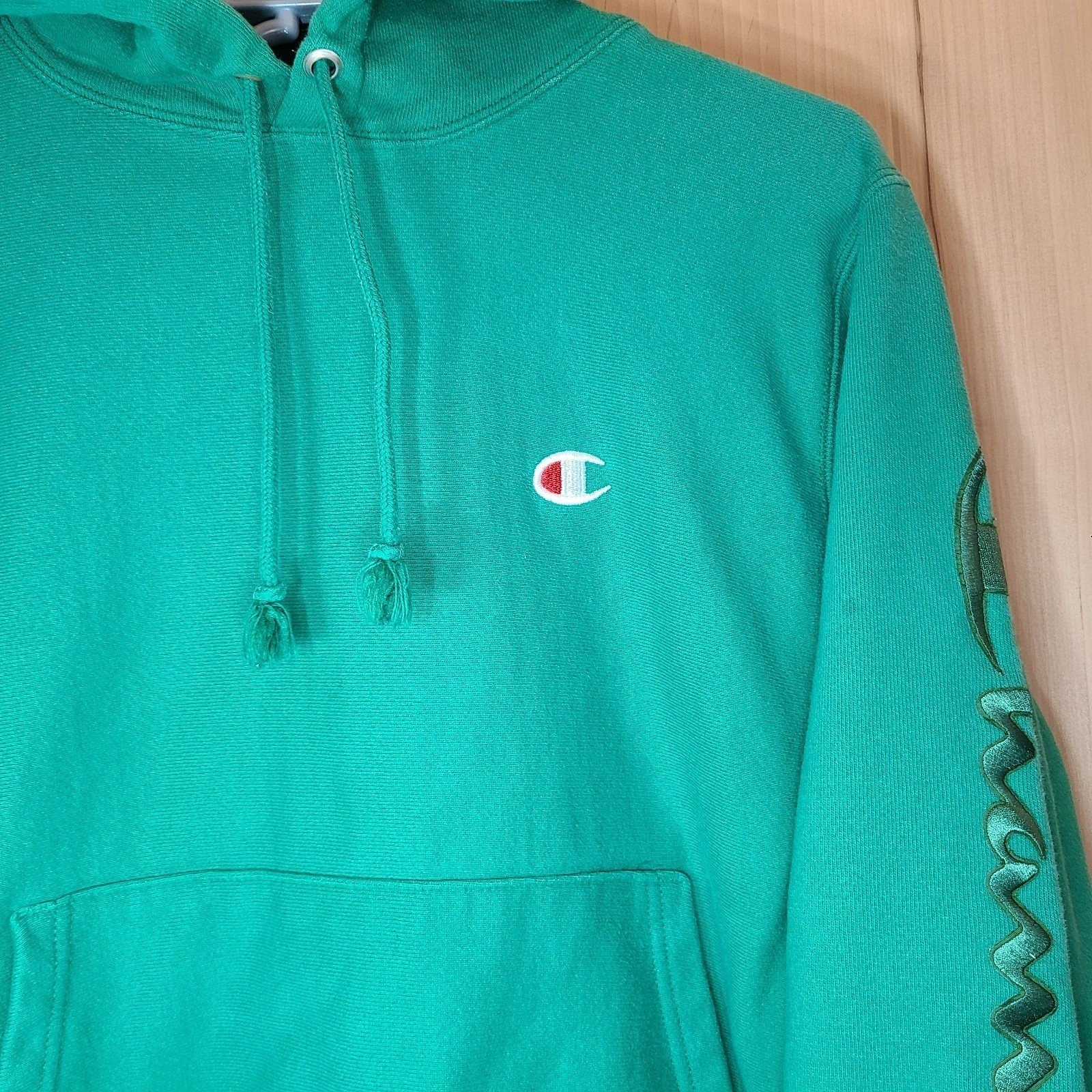 Champion Reverse Weave Hoodie Sweatshirt Green Script Logo Menswear