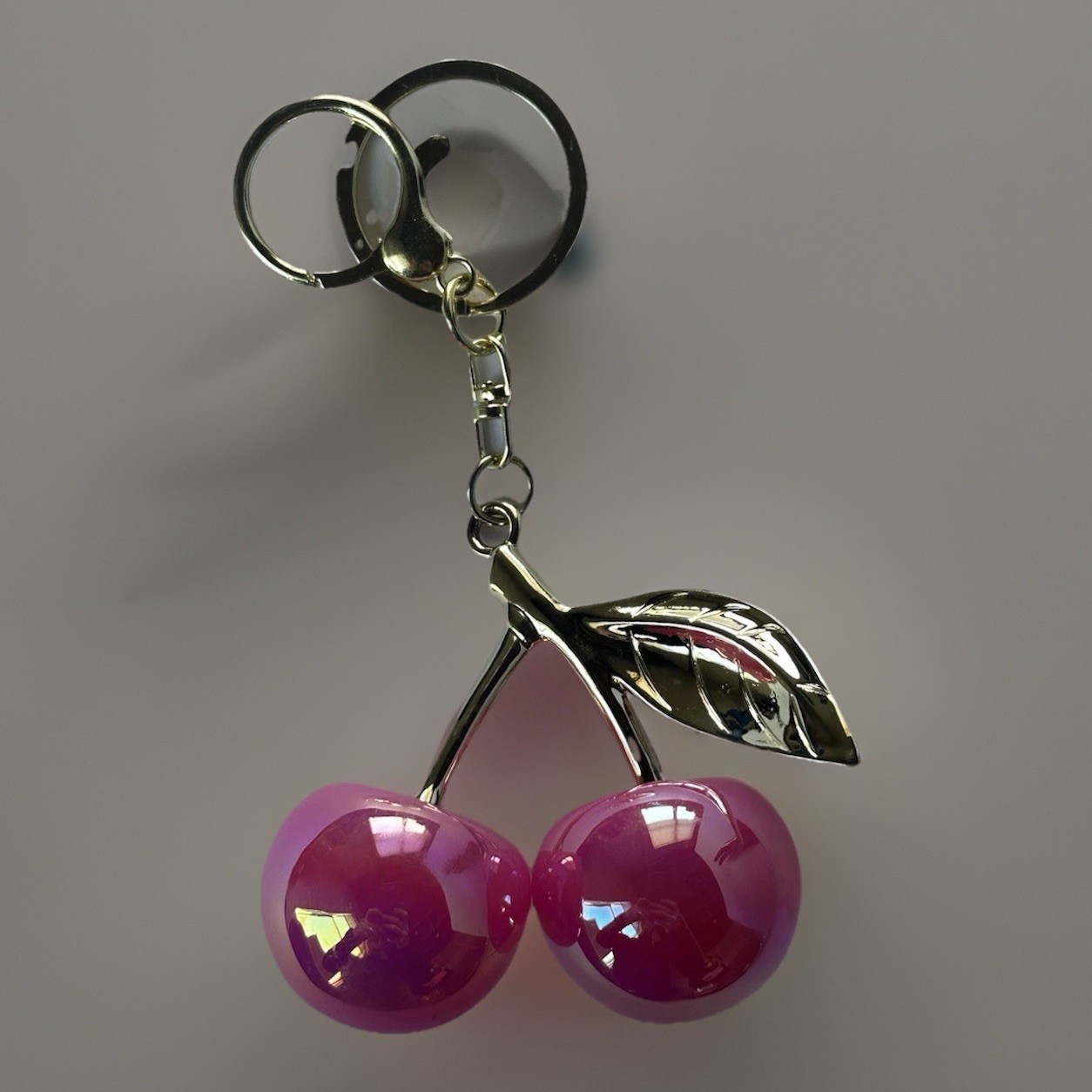 Iridescent Gloss Mirrored Cherry Bag Charms Keychain Gold + Velvet Dustbag