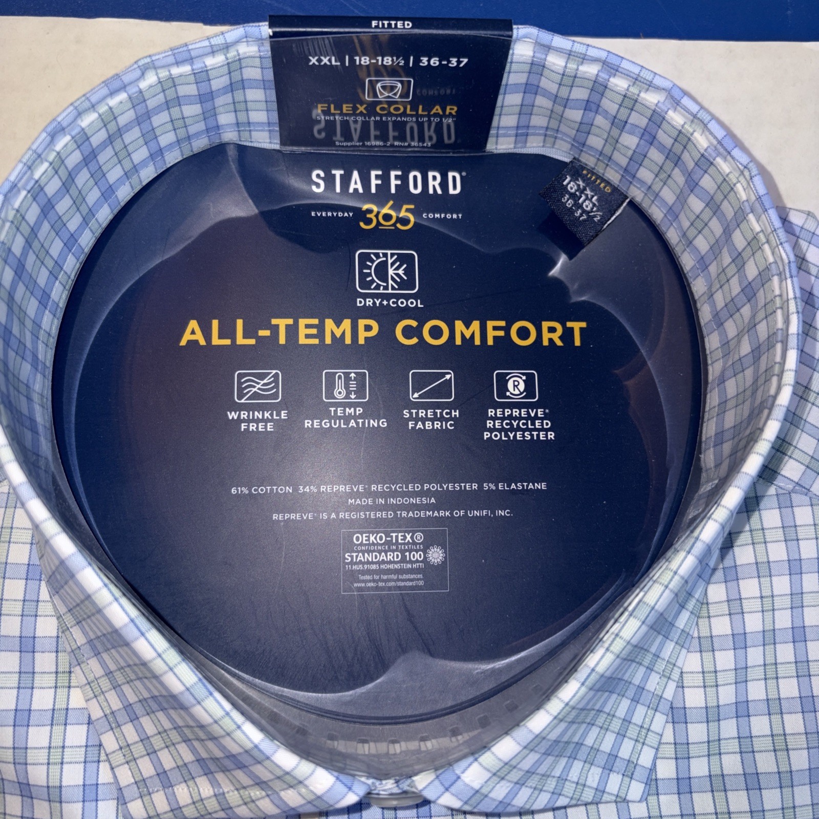 NWT – Men’s All-Temp Comfort Fitted Shirt Stafford 365 Blue/Green-18-18 1/2 XXL
