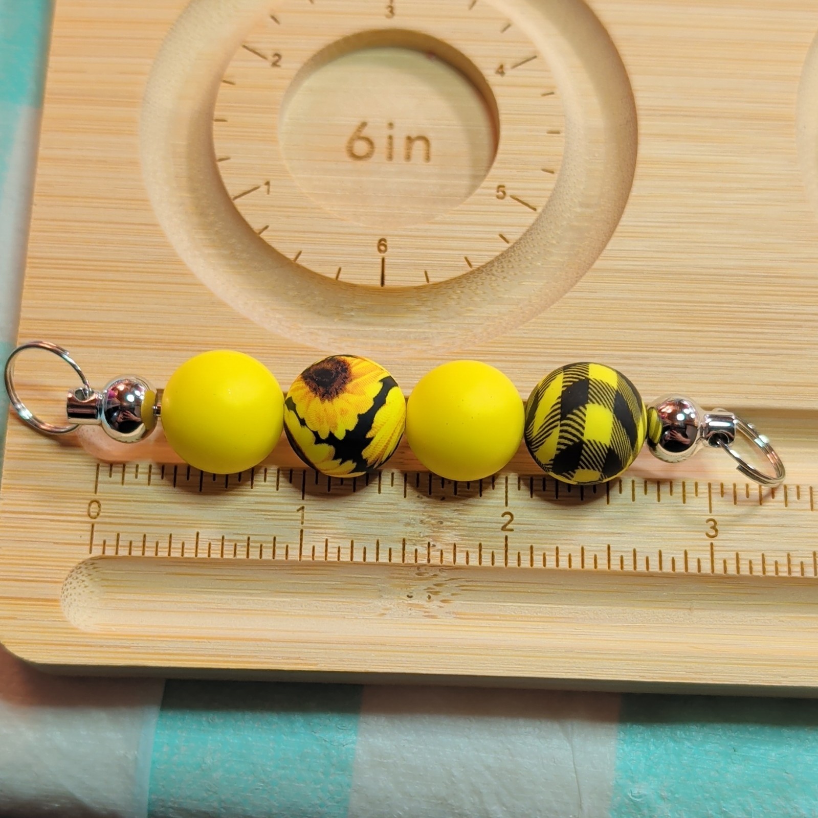 Yellow Black Silver Beaded Key Chain w/ Lobster Clasp Plaid Floral Beads
