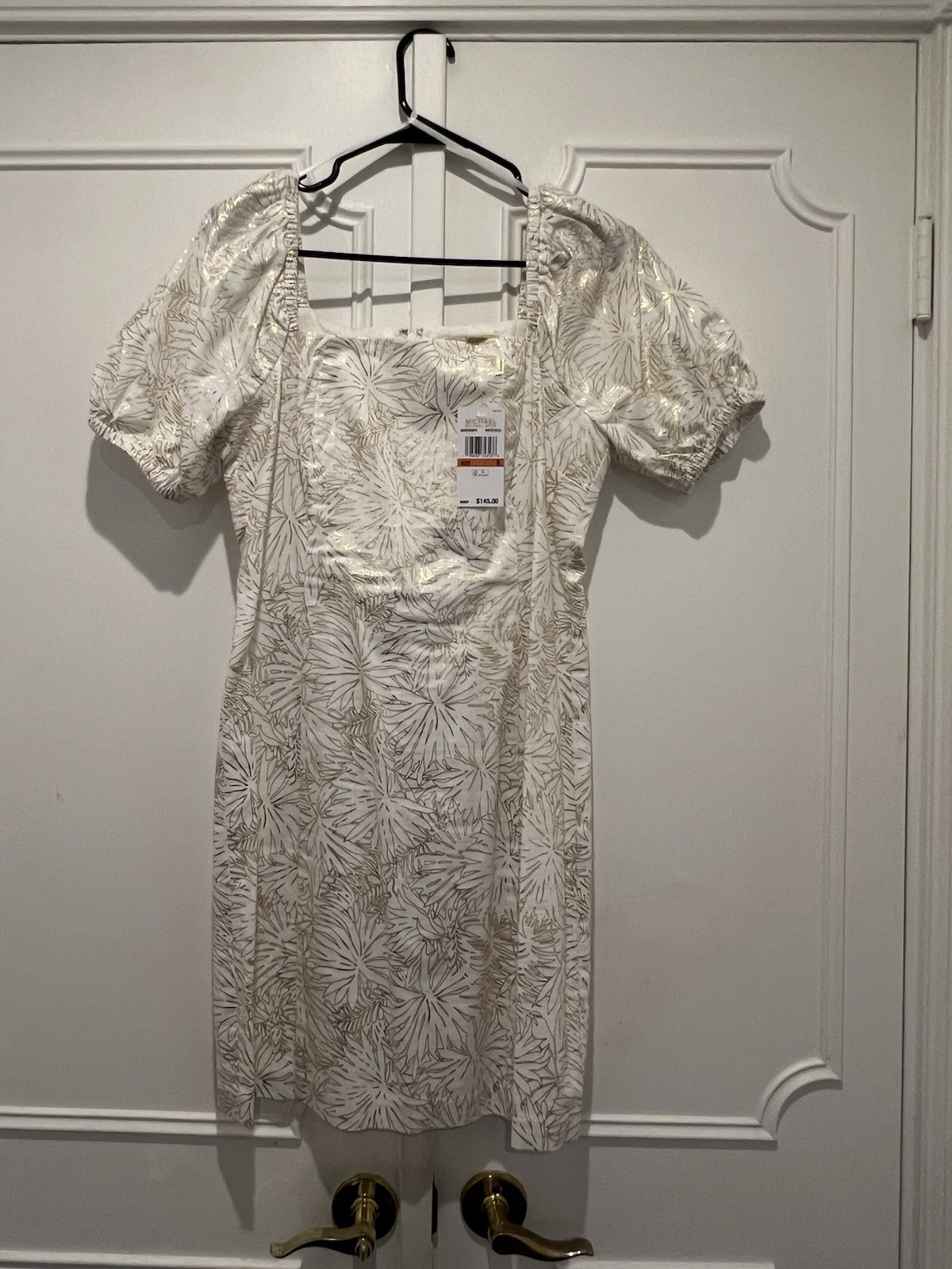 Michael Kors White Gold Floral Satin Square Neck Puff Sleeve Sheath Zip 4